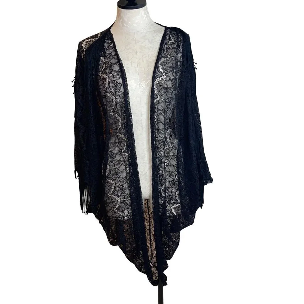Womens Shawl One Size Black Lace Fringe Beaded Sequin Cocoon Dolman Sleeve
